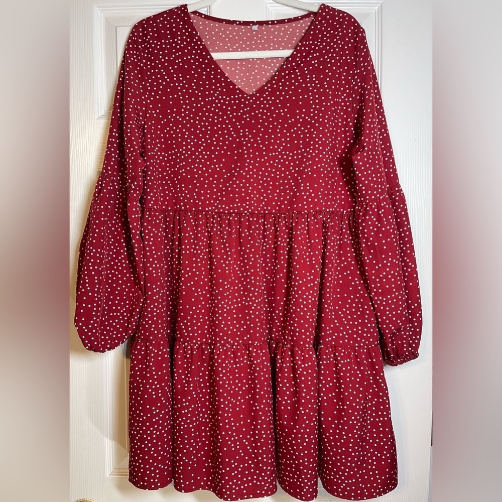 Women's Casual Swing Ruffle Tunic Dress Size Large, Wine Color with White Dots